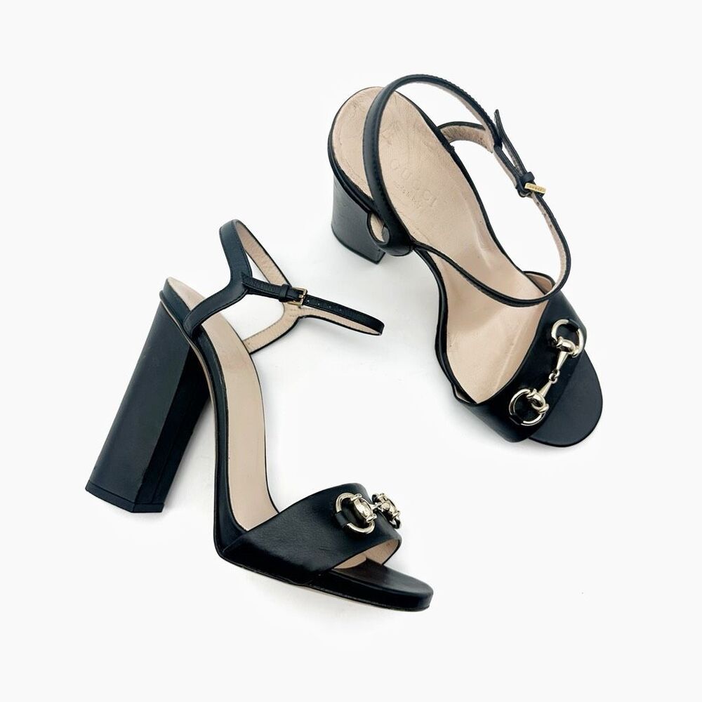 GUCCI Horsebit Black Leather Heeled Sandal Size 38 Leather Block Claudie - Picture 13 of 13